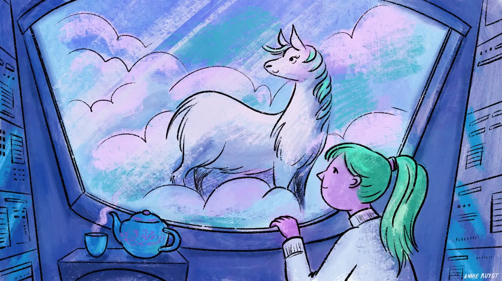 A cartoon illustration of a green haired woman with a ponytail looks into a portal in a datacentre to see a graceful llama.