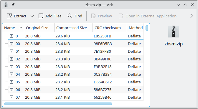 Ark compression application showing reported contents of a small zip bomb file