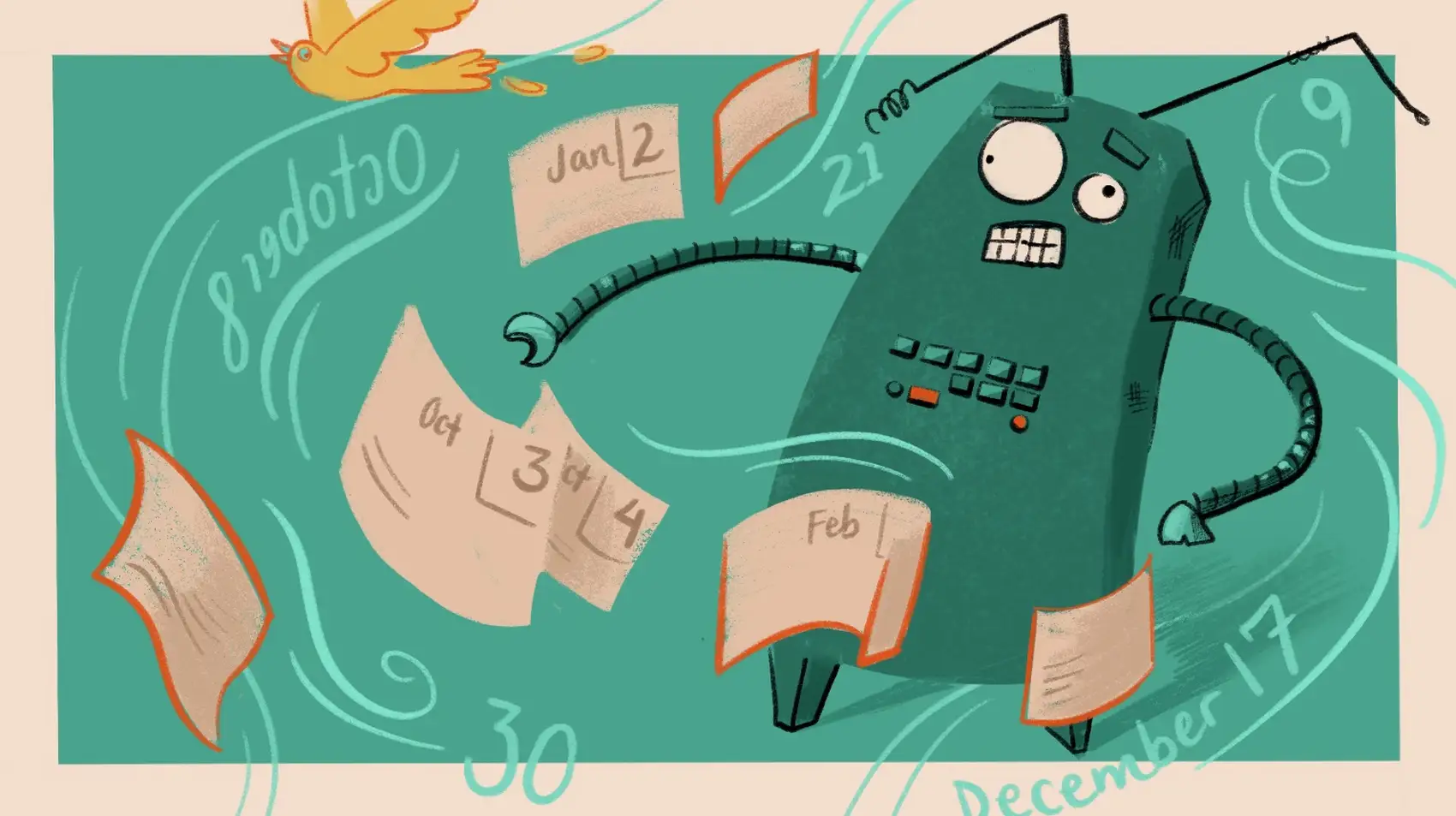 A robot assistant confused about dates with calendar dates swirling around it.
