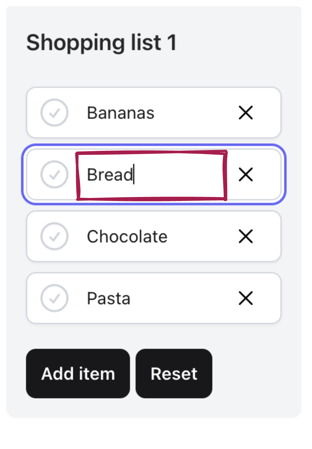 This is a screenshot of the shopping list component. In the screenshot, there is a text input field highlighted. This text input field is used to create new items or update existing ones in the shopping list.