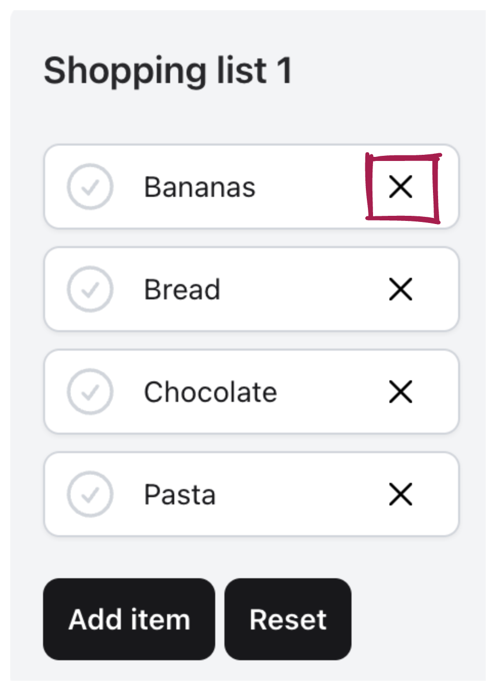 This is a screenshot of the shopping list component. In the screenshot, there is a button highlighted in a red square. This button is used to delete the corresponding item from the shopping list.
