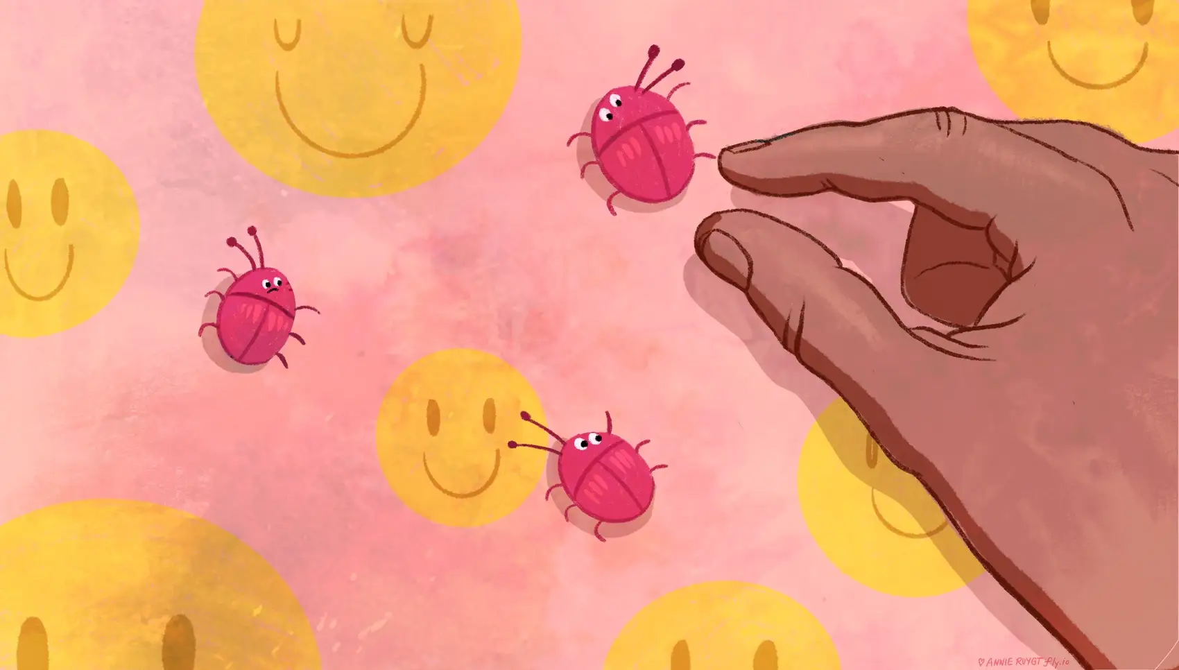 a hand picking up happy bugs with smiley faces in the background