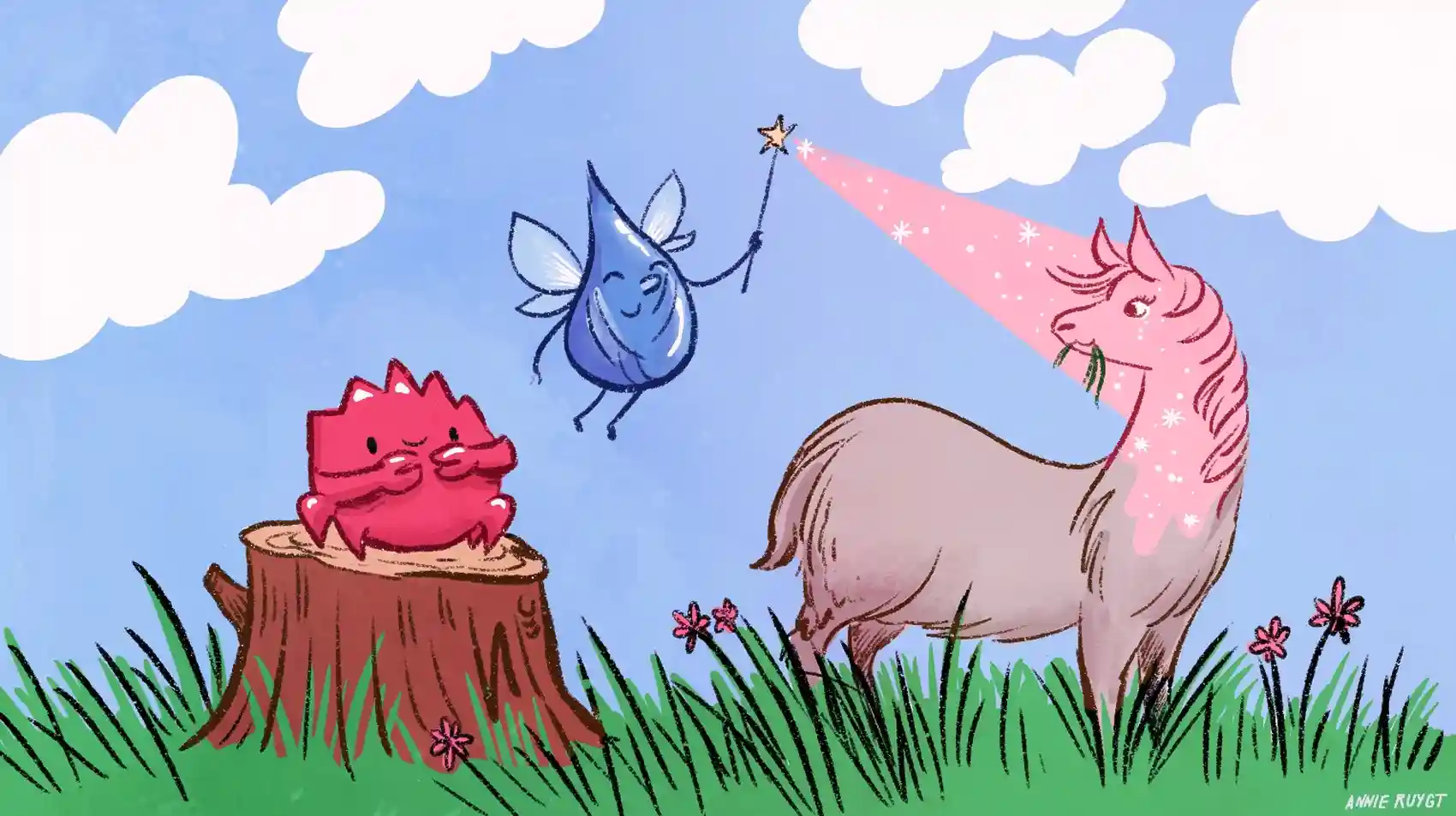 Illustration of elixir droplet, rust crab and a LLama with the elixir droplet holding a magic wand up to the Llama.