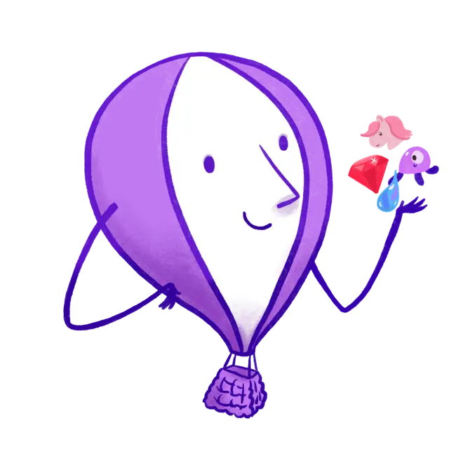 Illustration by Annie Ruygt of Frankie the Fly.io hot air balloon character with one hand on their hip and the other hand out, palm up, with images floating above the hand representing the Elixir, Ruby, Laravel, and Django programming languages