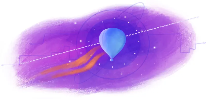 Illustration by Annie Ruygt of a hot air balloon leaving an exhaust of flames in its wake as it follows a trajectory from lower left to upper right, indicated clearly by a dotted line. The background has indistinct line drawings that conjure up outer space and circuitry.