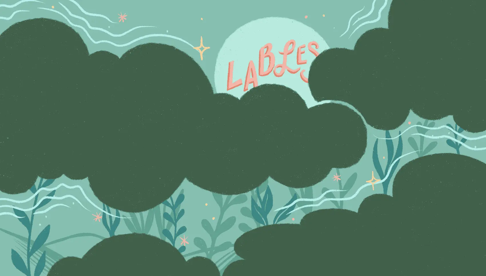 A murky scene, clouds parting to reveal a full moon with the word 'labels' misspelled 'lables.'