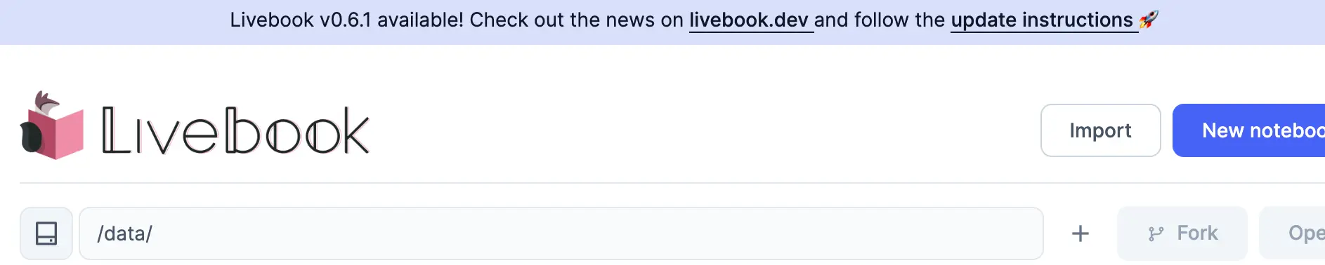 Screenshot of an update prompt on a running Livebook