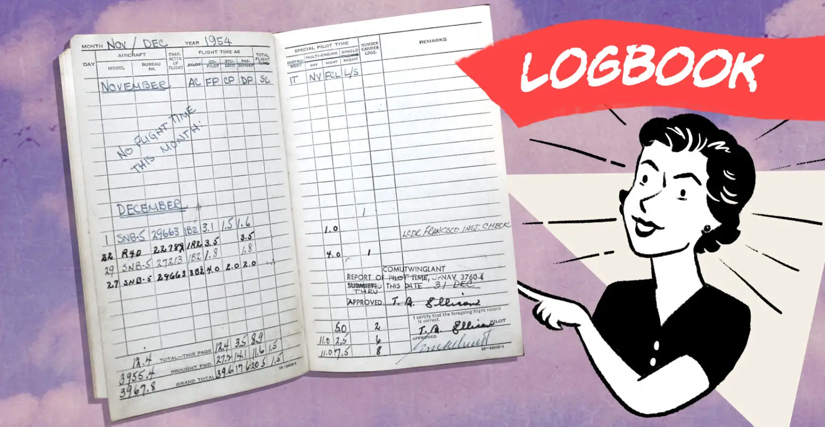 A 1950s style cartoon lady pointing at a vintage flight logbook