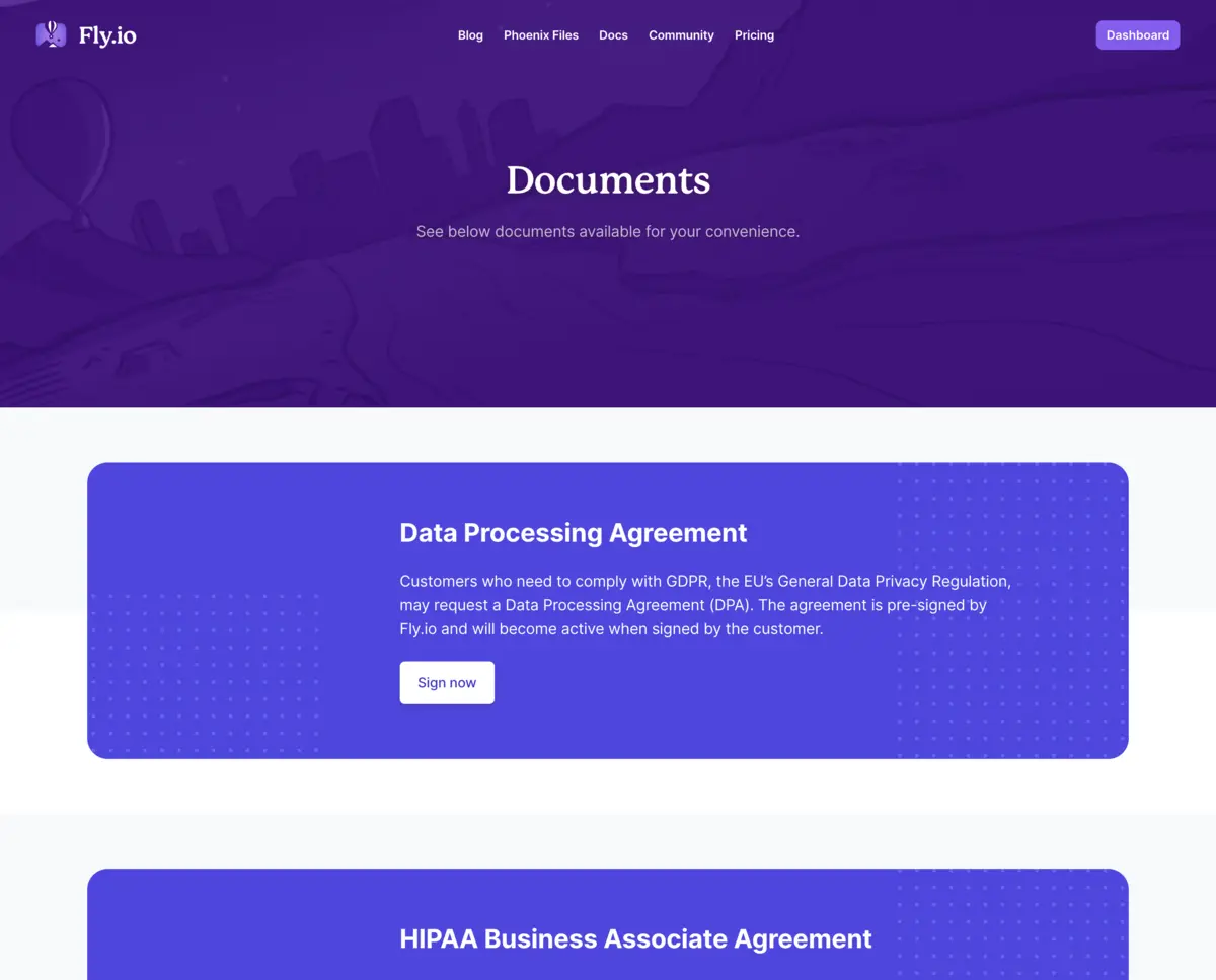 Documents page showing Data Processing Agreement and HIPAA Business Associate Agreement options.