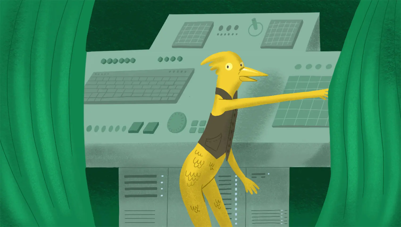An anthropomorphic bird wearing a vest, shocked to be revealed, standing alongside a large computer-like console, by the dramatic opening of emerald-green curtains. It's reminiscent of The Wizard of Oz but with slightly less-steampunk machinery. And, you know, a bird.