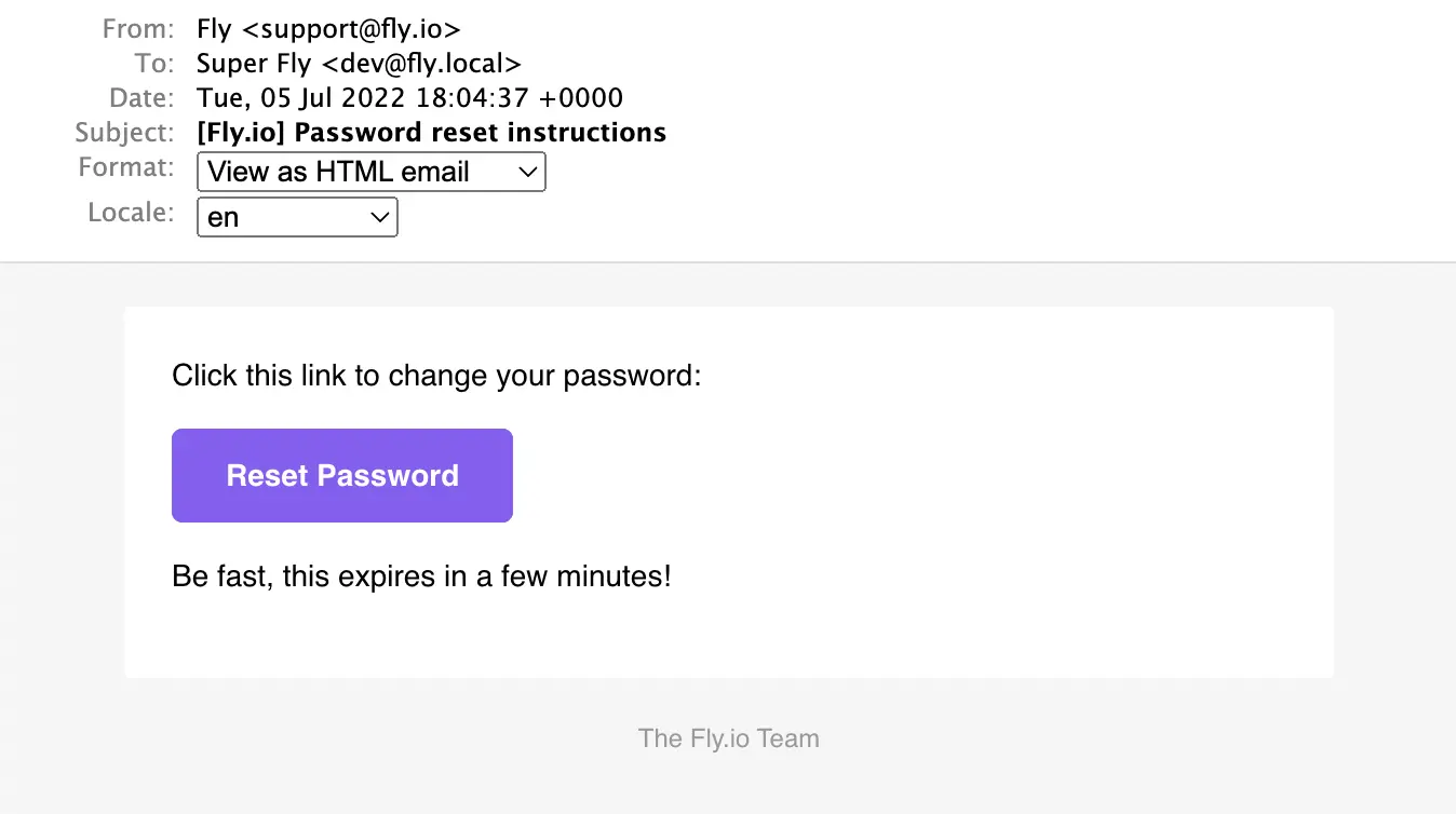 Screenshot of a password-reset email. It says "click this link to change your password," then there's a "Reset Password" button, and then "Be fast, this expires in a few minutes!"