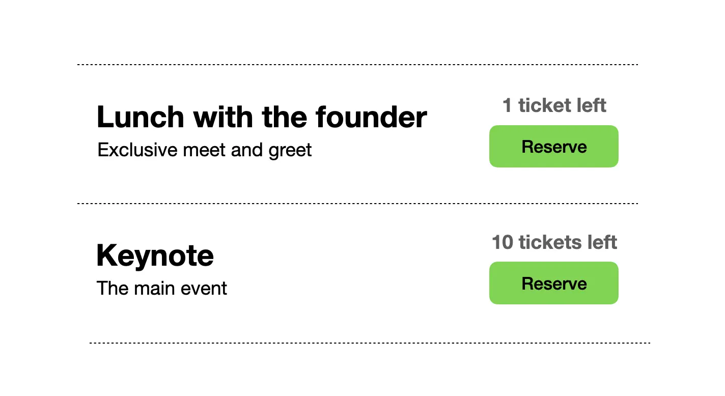 Two entries, called "Lunch with the founder" and "Keynote", each with a number of tickets remaining and a "Reserve" button.