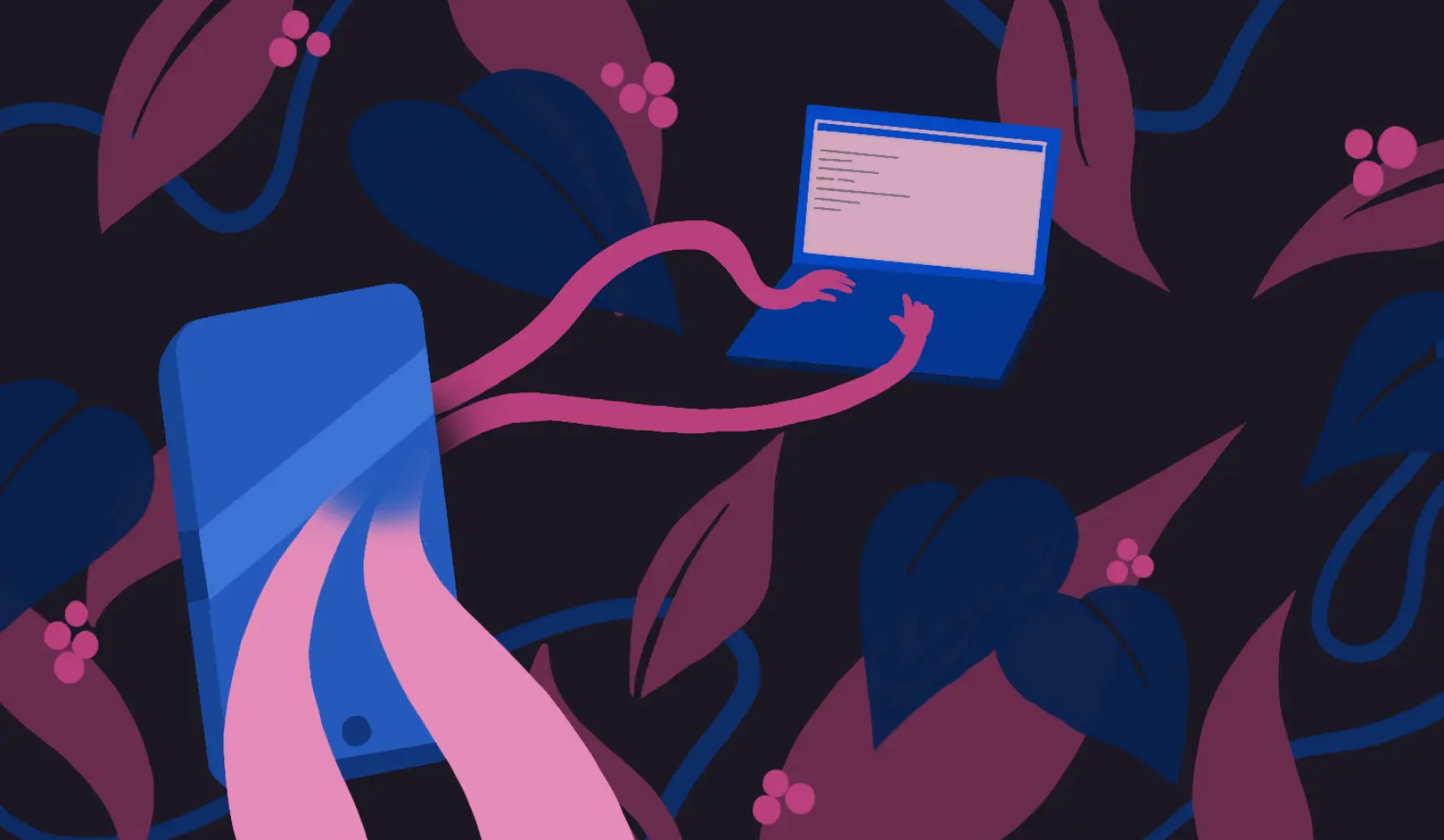 Long rubbery arms snaking their way into a phone screen and through the ether for the fingers to reach a laptop keyboard hovering in the void, surrounded by leaves and berries in a moody palette.