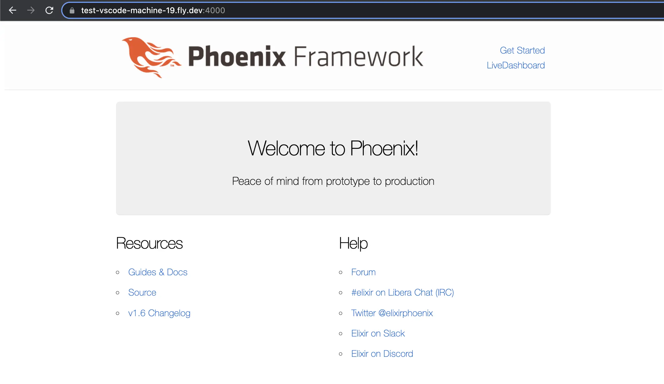 The "Welcome to Phoenix" hello-world Phoenix starter app landing page running.