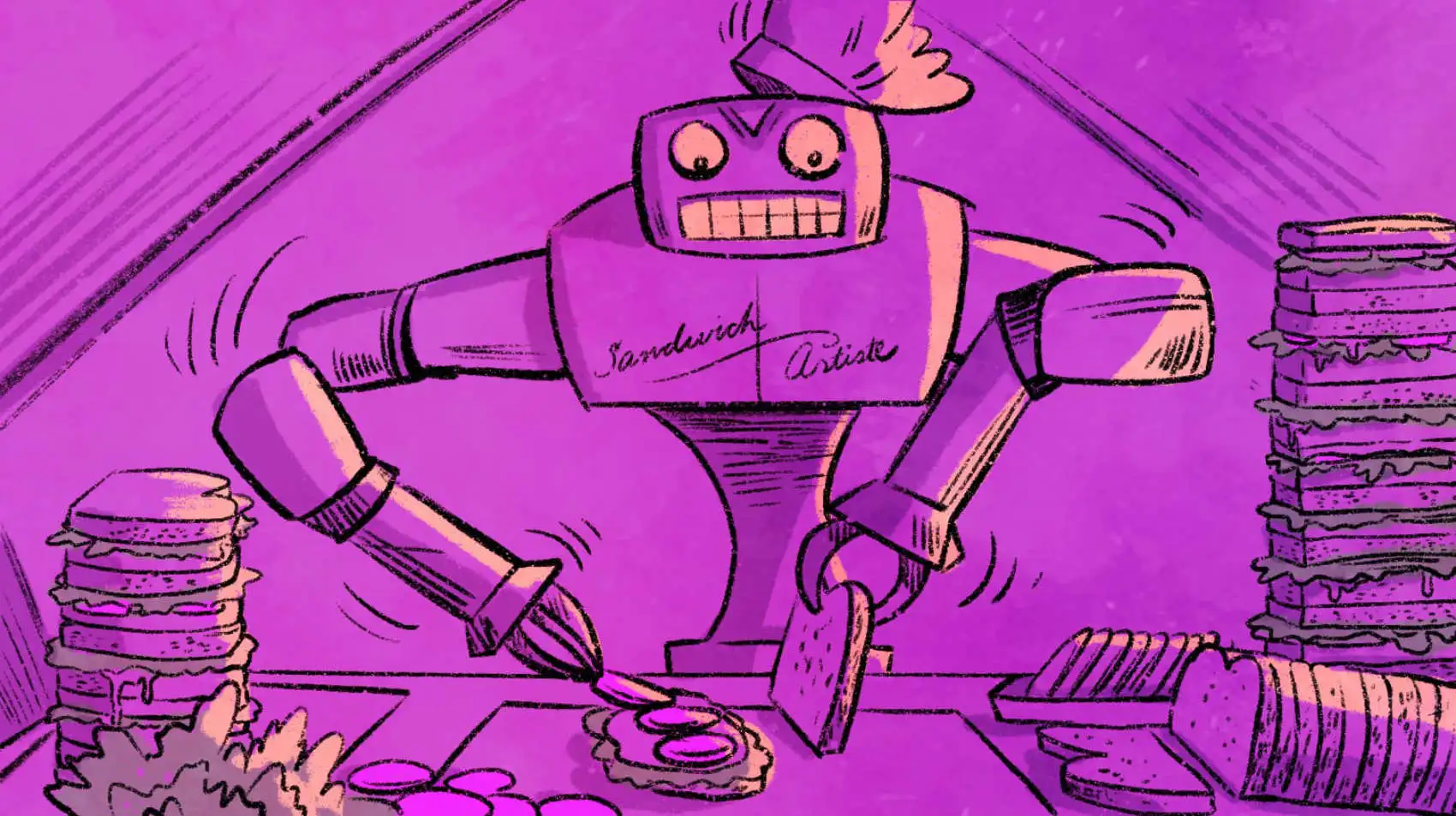 A robot furiously making sandwiches.