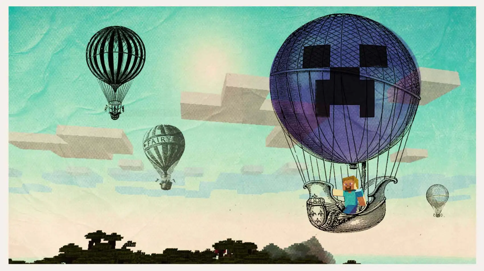 Minecraft Steve in a hot air balloon that has the face of a creeper