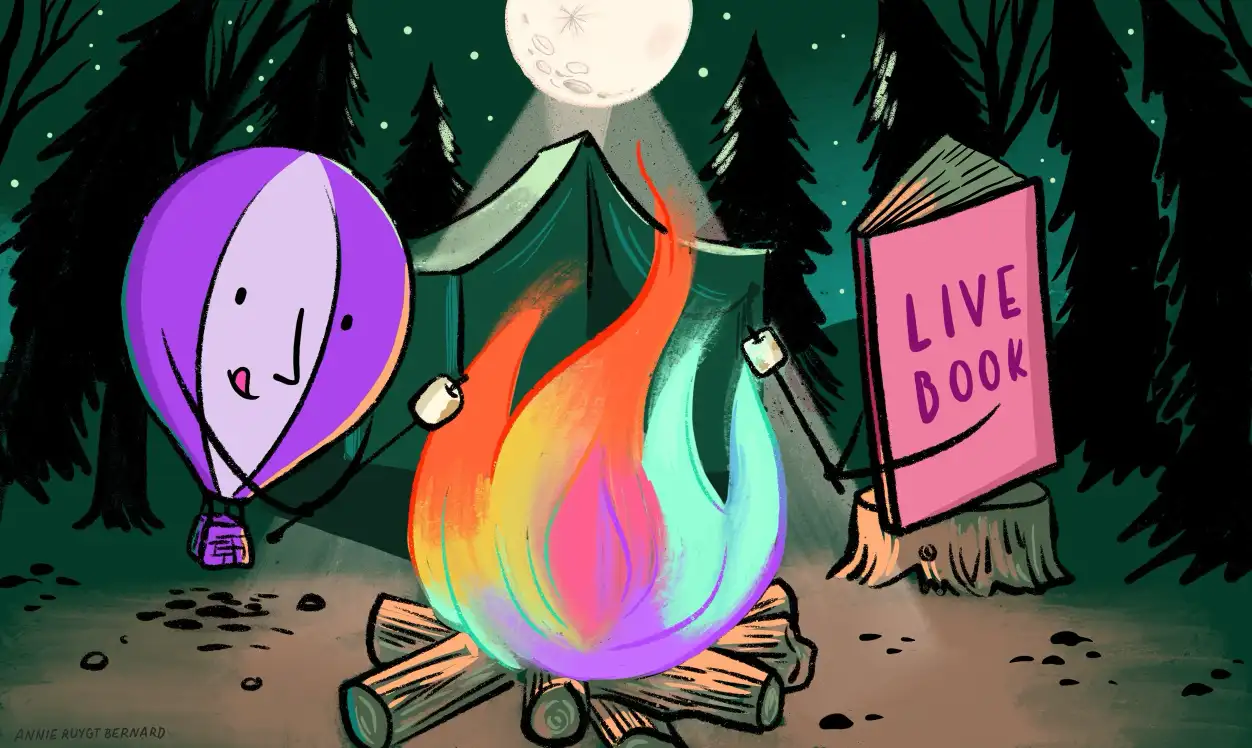 A cartoon of the Fly baloon and a livebook roasting marshmallows over a campfire.