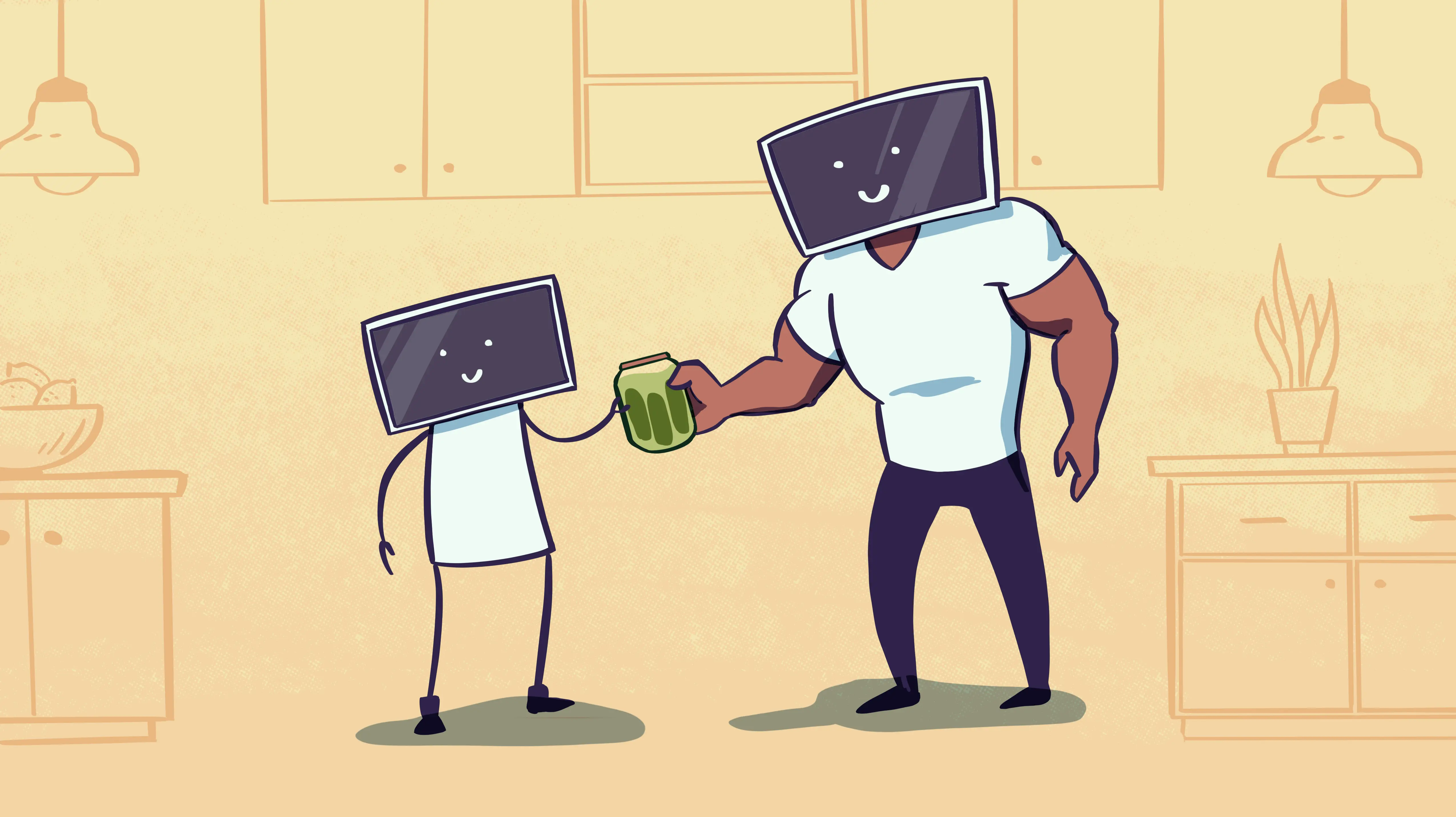 Two characters, both with heads that are computer screens; one is small and skinner, the other is big and strong; the smaller guy is handing a jar of pickles to the larger one to open