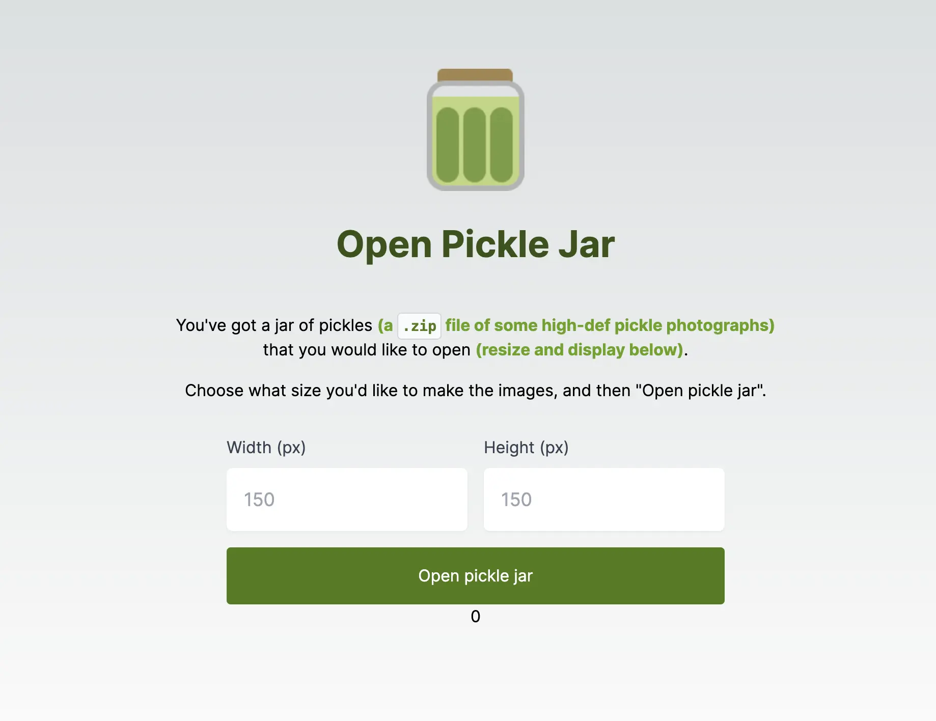 (Screenshot of the demo app; its a single-page app with the header and description "Open Pickle Jar: You've got a jar of pickles (a zip file of some high-def pickle photos) that you would like to open (resize and display below)". Under the description there are two inputs, one for width and one for height, and a button that says "Open pickle jar")