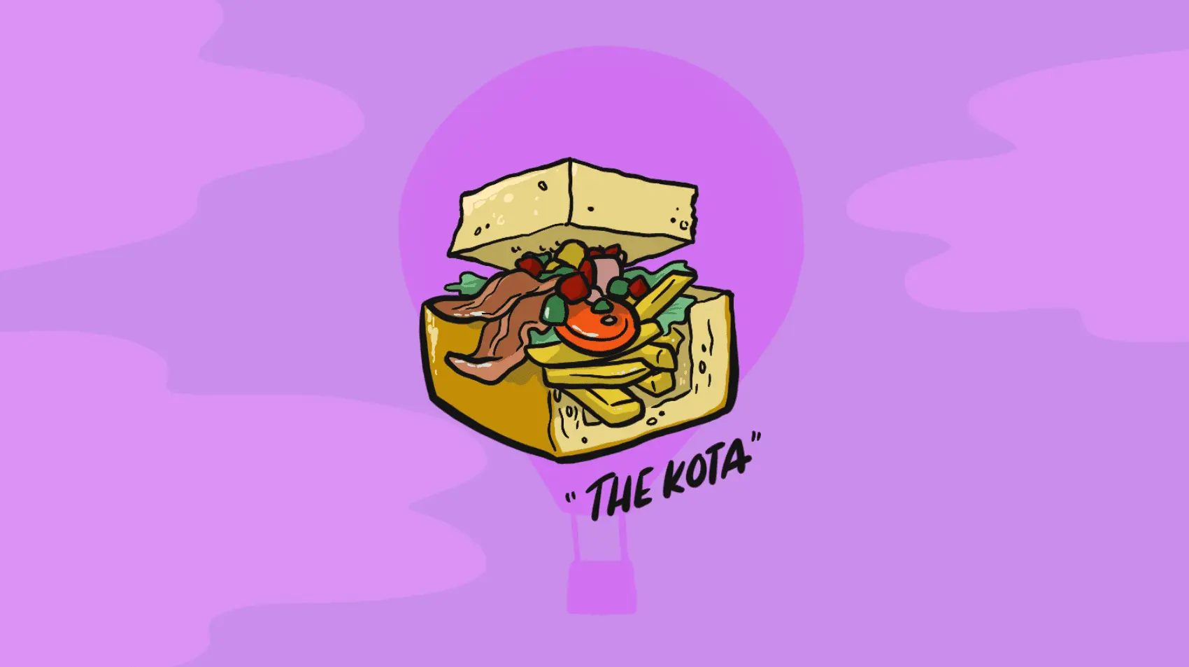 A sandwich made from a quarter-loaf of bread with a rectangular space cut out and filled with chips, meat, and veggie toppings. It's labelled 'the kota.'