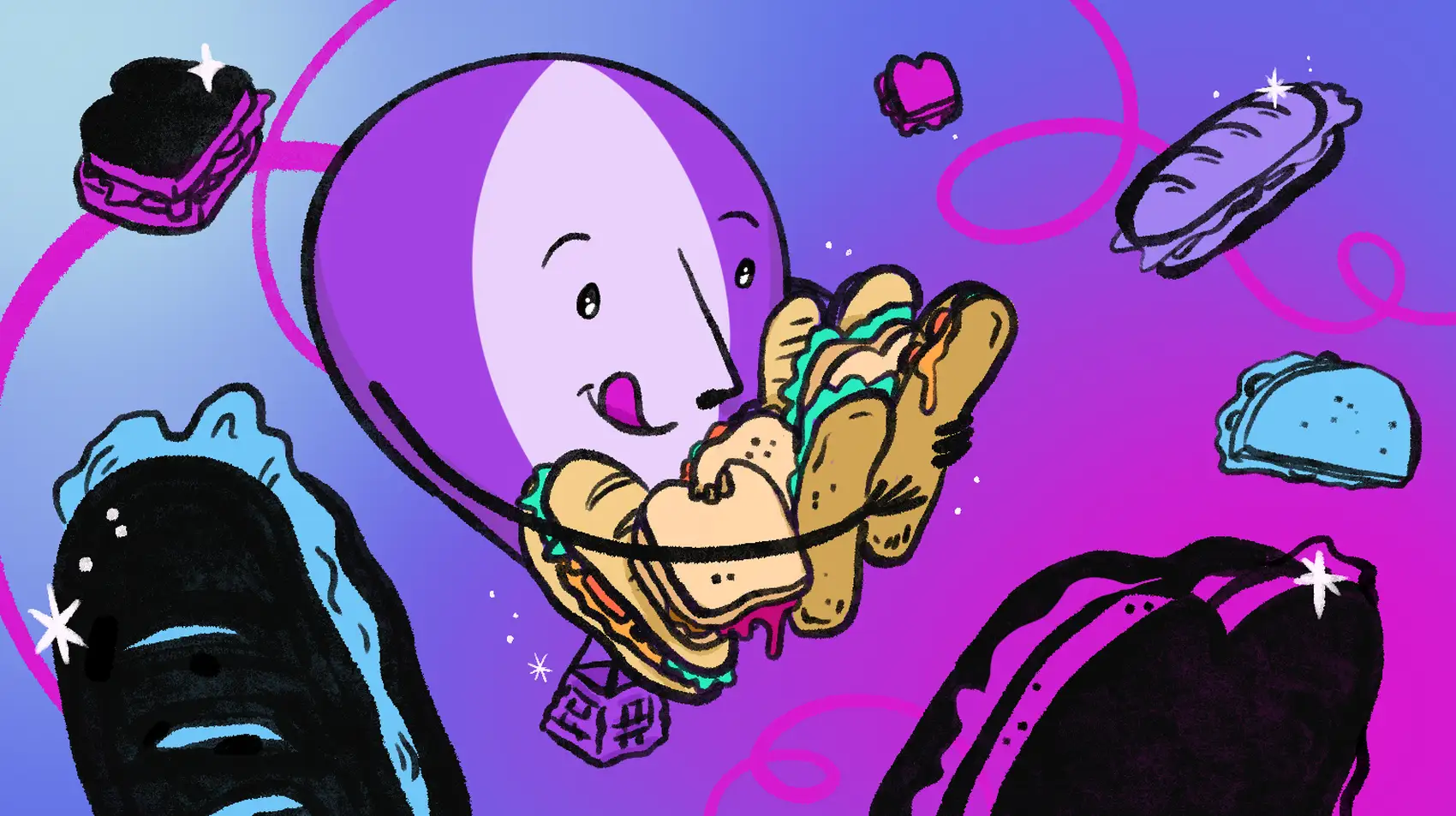 A cartoon hot air balloon with a bundle of sandwiches to share with the world.