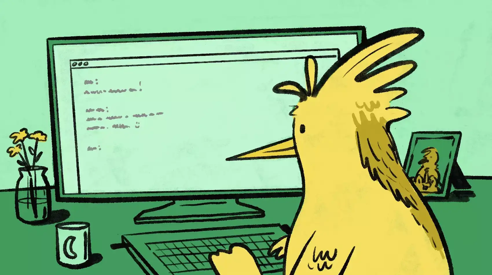 A yellow anthropomorphic bird types at a computer in a green office.