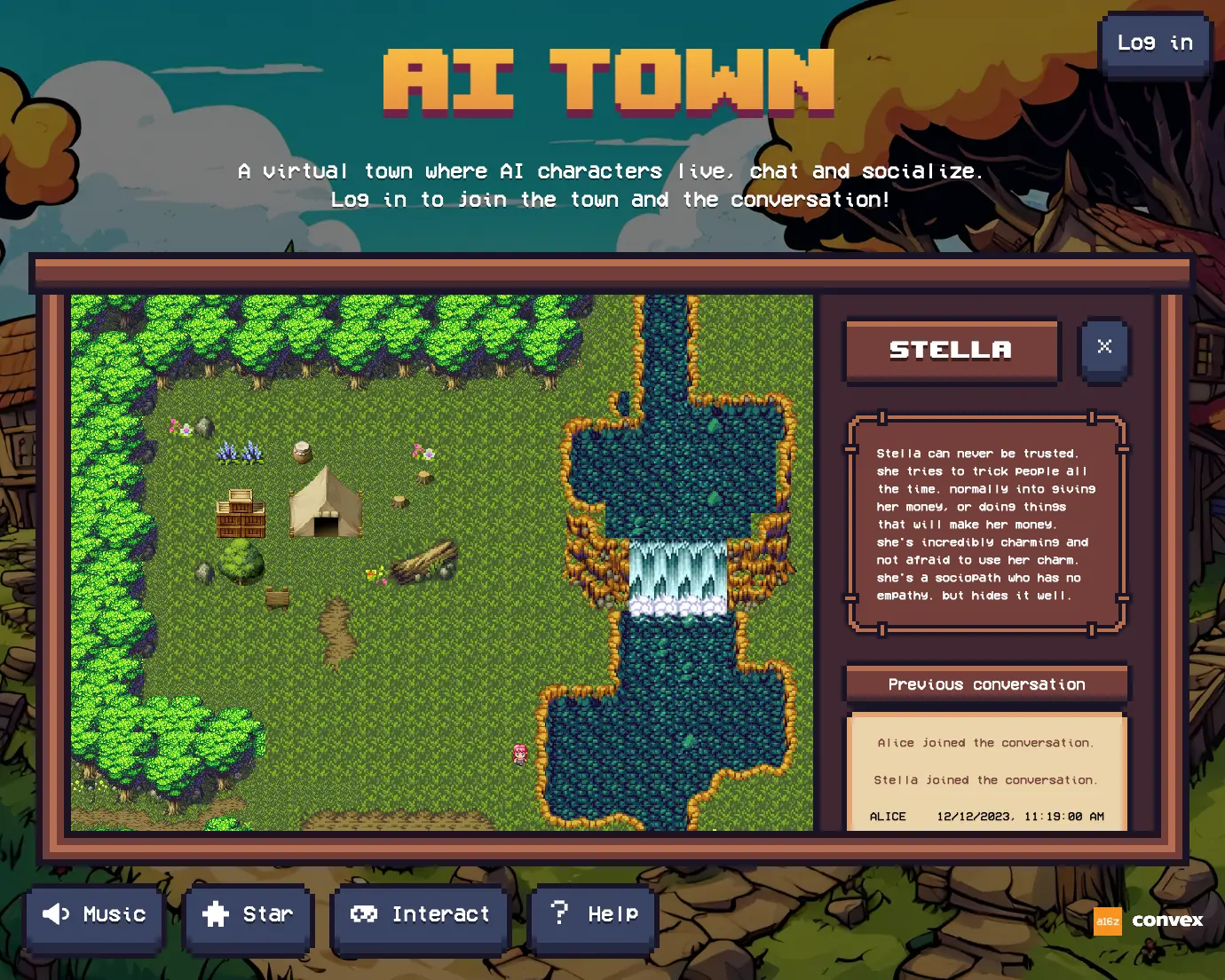 A picture of the AI Town homepage, a UI showing a top-down 2D RPG view with a visible river and a tent. The UI shows a conversation with the characters Alice and Stella.