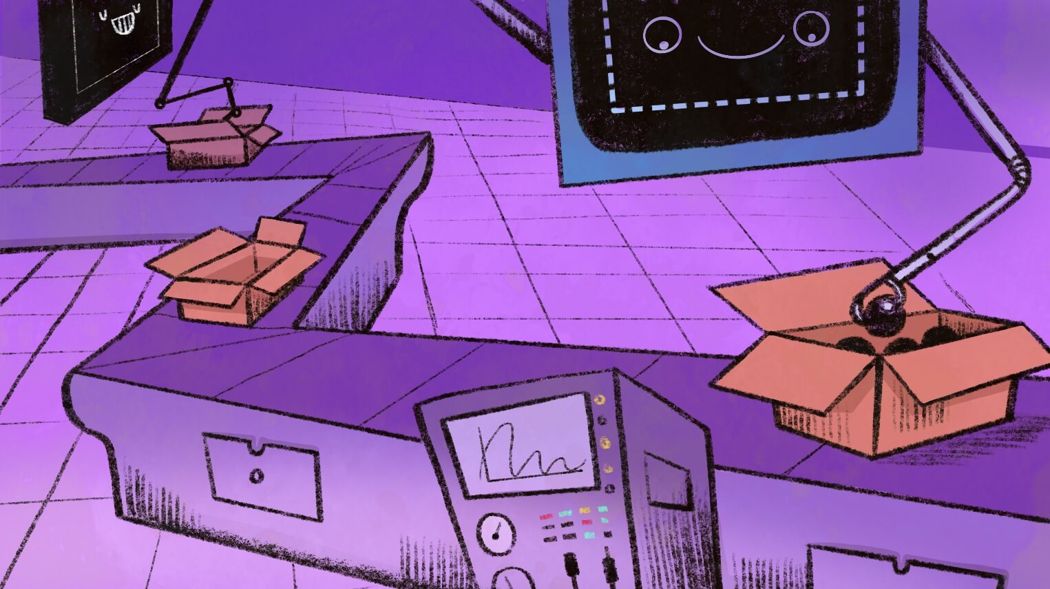 Robots putting widgets in boxes on an assembly line