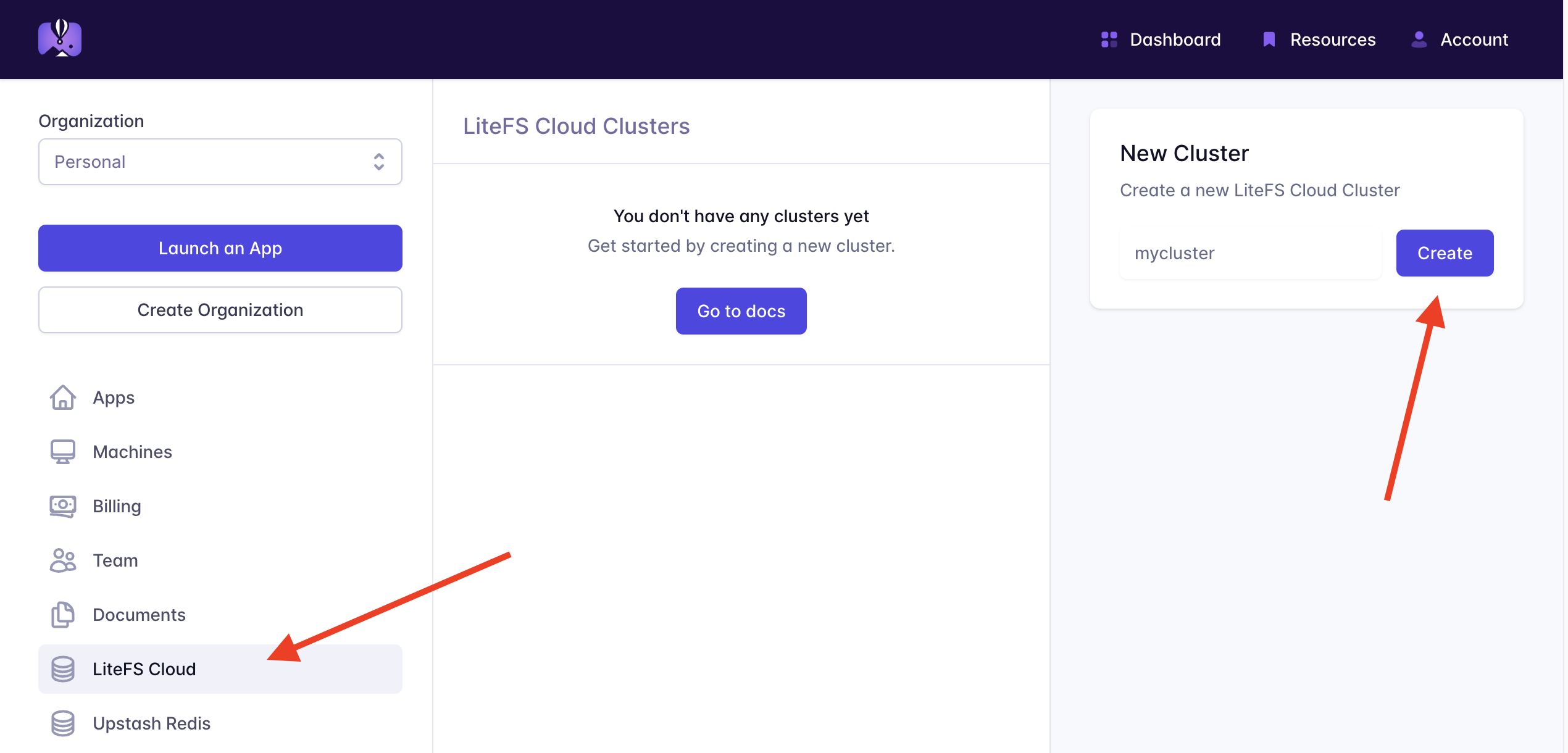 Screenshot of Fly.io dashboard, with a red arrow pointing to "LiteFS Cloud" in the left navbar, and another red arrow pointing to the "Create" button on the top right for creating a LiteFS Cloud cluster