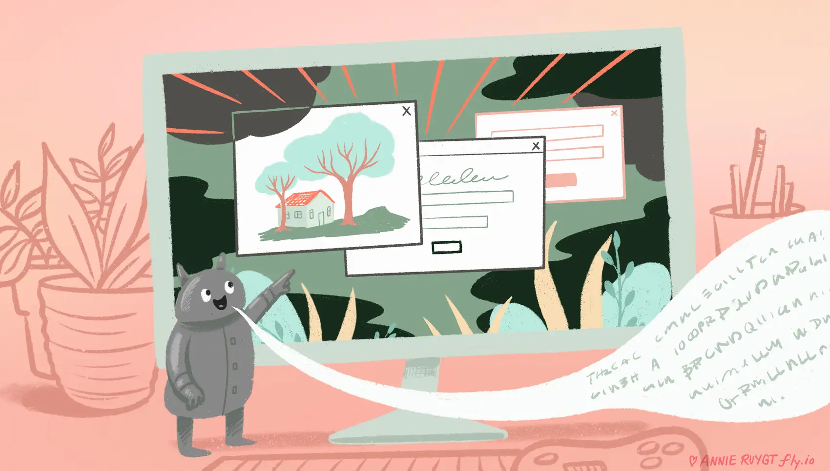 A cartoon of a smiling robot looking at a computer screen with an image of trees and a house; it's emitting a speech bubble with a stream of made-up character shapes representing its description.