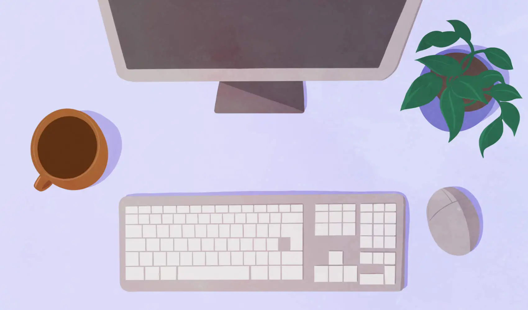 Overhead view of a keyboard, monitor, mouse, cup of coffee, and small potted plant.