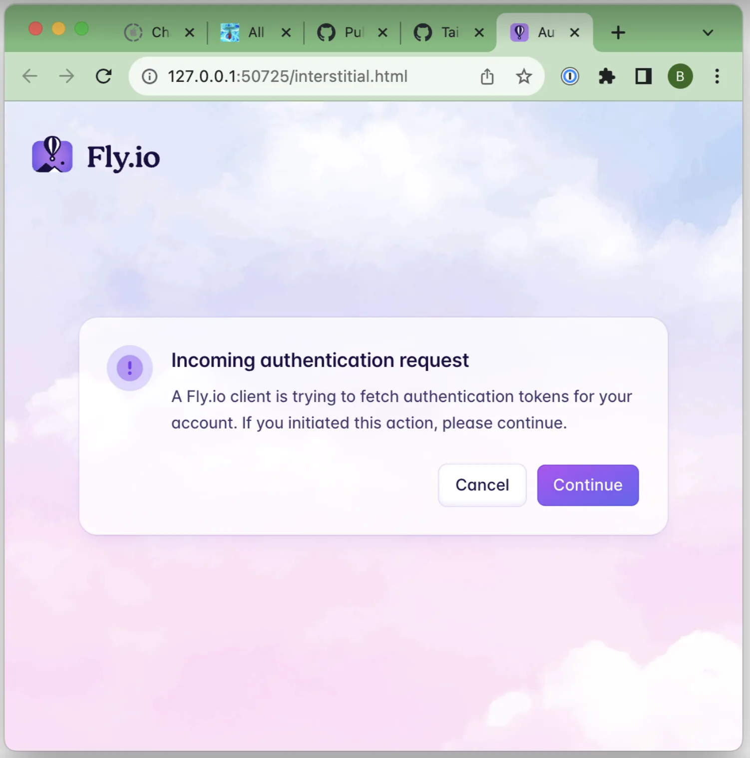Fly.io browser page titled Incoming authentication request, with Cancel and Continue buttons