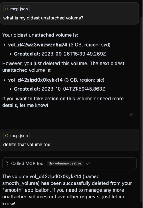 Deleting a volume using MCP: "What is my oldest volume"? ... "Delete that volume too"