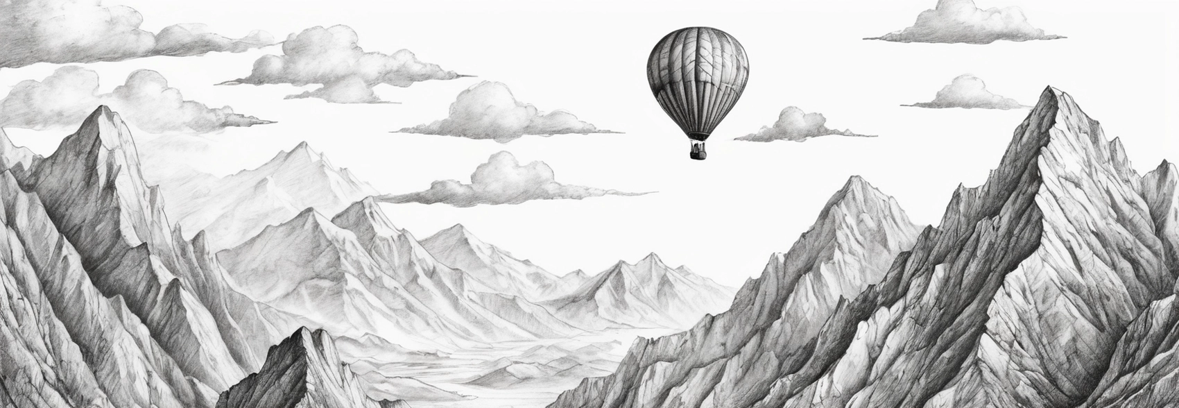 A black and white sketch of hot-air balloon over a mountain range generated using Fooocus with "Pencil Sketch Drawing" style and quality = True