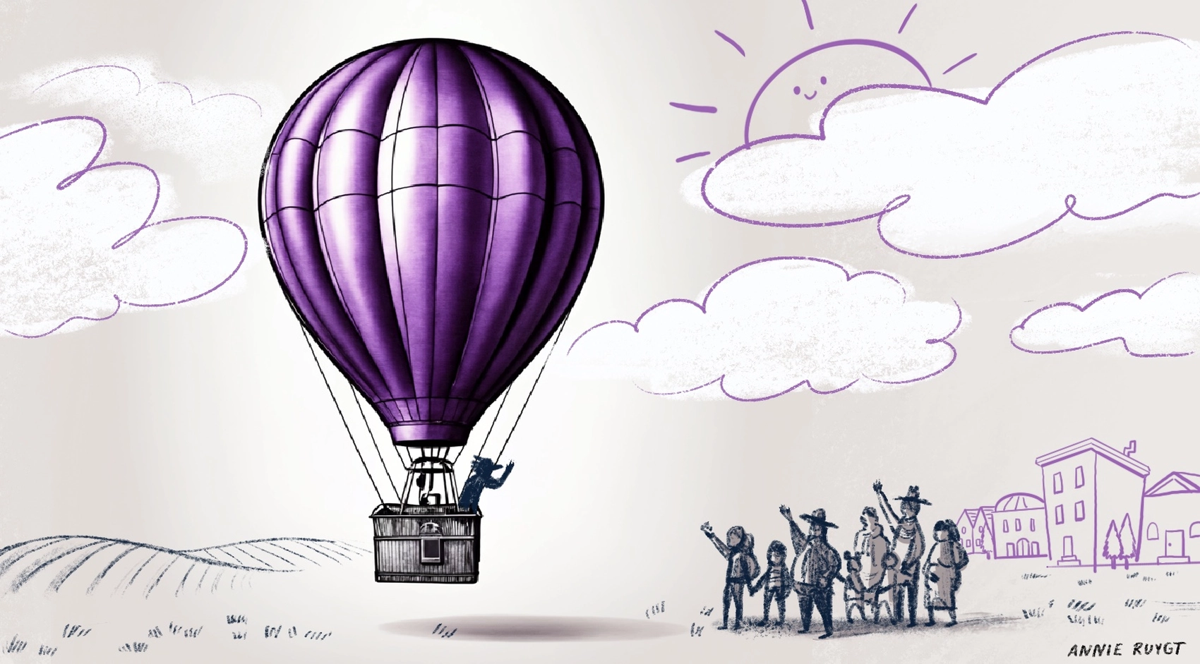 A cartoon illustration of a purple hot-air ballon taking off with bird man waving goodbye to a crowd of people. The hot-air balloon was created using Stable Diffusion and incorporated into the illustration.