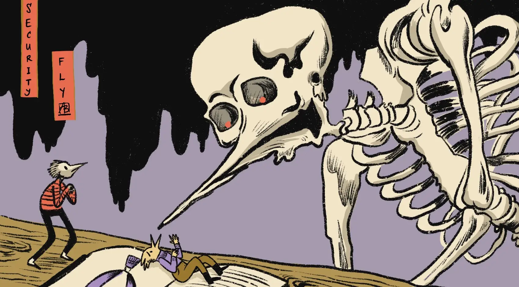 A giant cartoon bird-person skeleton with points of red light in the eye sockets looms menacingly over a much smaller living bird-person who's fallen backward onto a giant book.