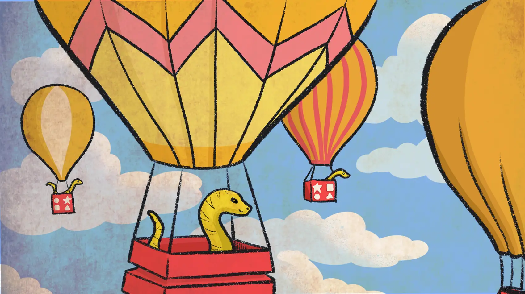 Cute cartoon snakes flying in hot air balloons with Redis-related logo on the side.
