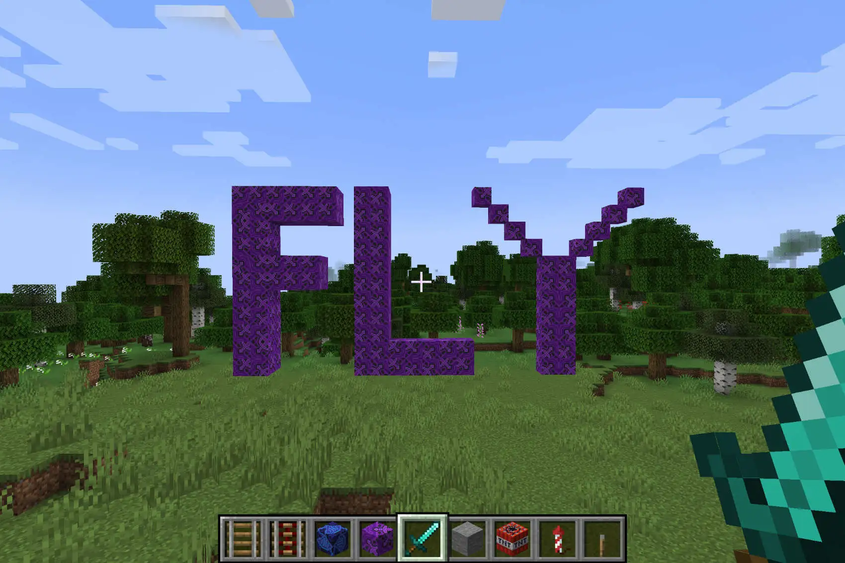 A rudimentary version of the Fly.io logo built in Minecraft
