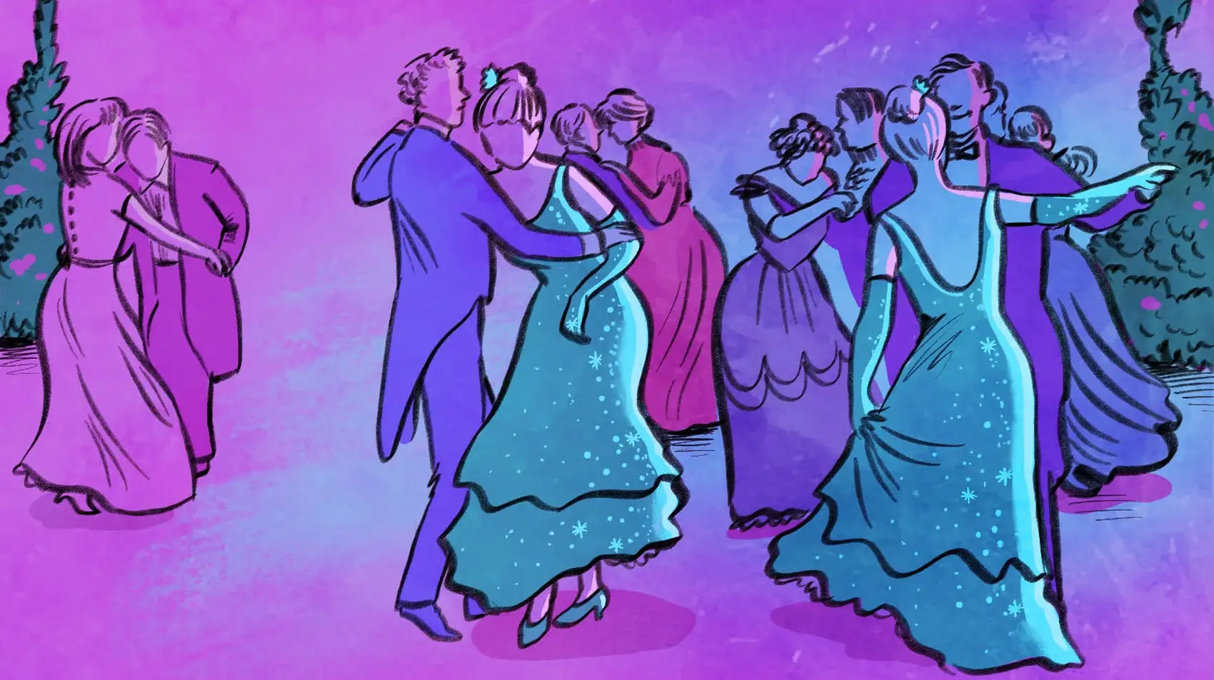 A number of couples dancing, including a two clones dancing with separate partners.