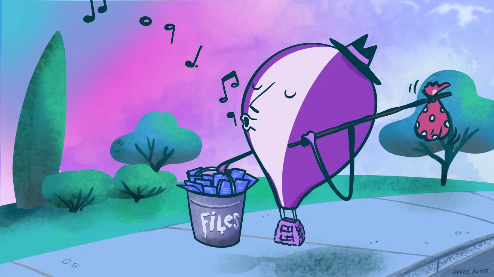A cartoon hot air balloon with a bindle and a bucket of files walking down a sidewalk.