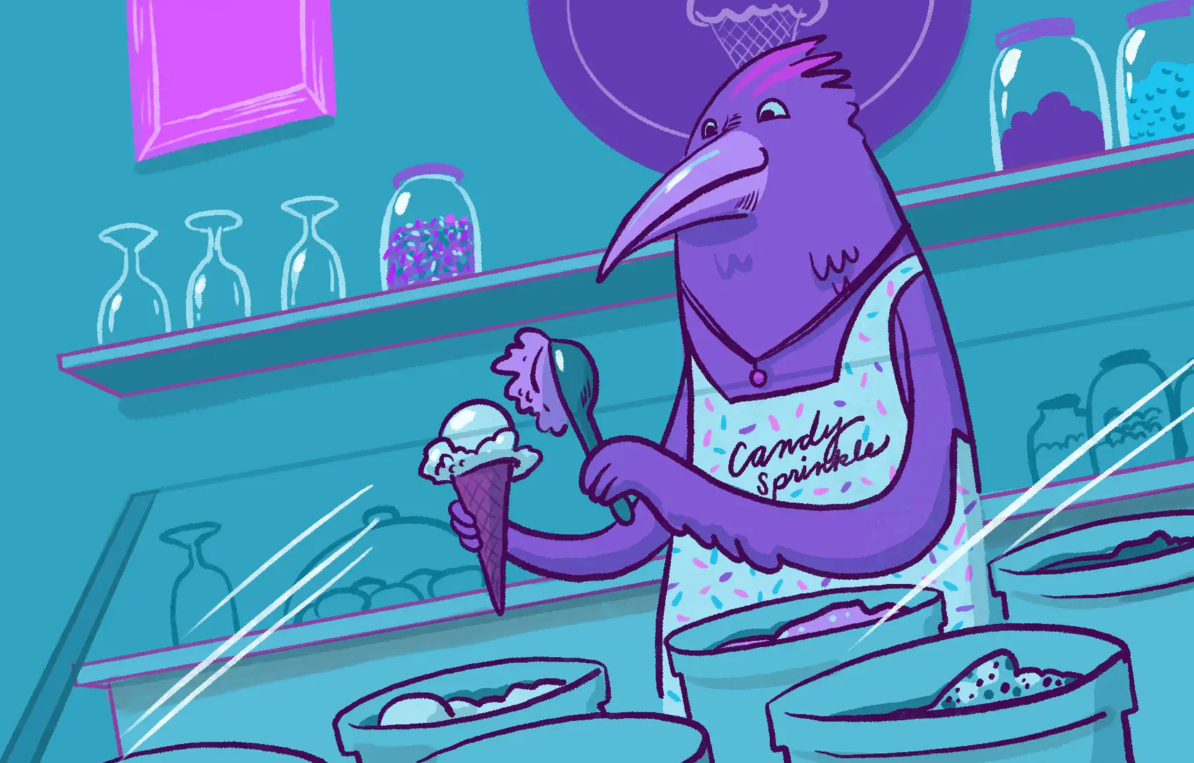 A bird behind an ice cream counter adding a second scoop of ice cream on top of a vanilla cone.  On the bird's apron are the words 'Candy Sprinkles'