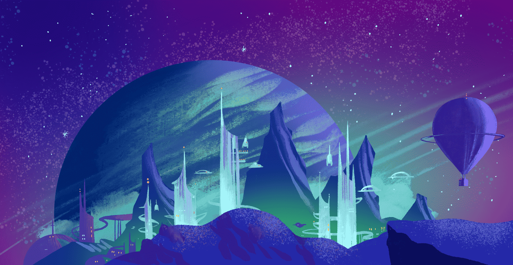 A futuristic cityscape on a distant moon depicting flying balloons, craggy mountains, skyscrapers, and space.