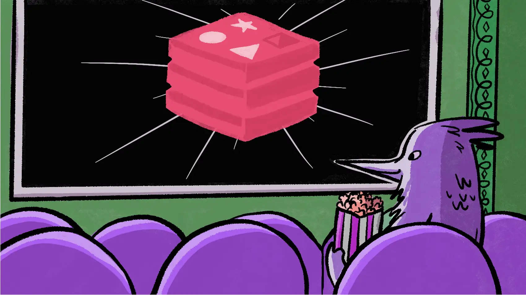 A purple bird holding a popcorn bucket at the cinema looking at the screen with the shinning Redis logo.