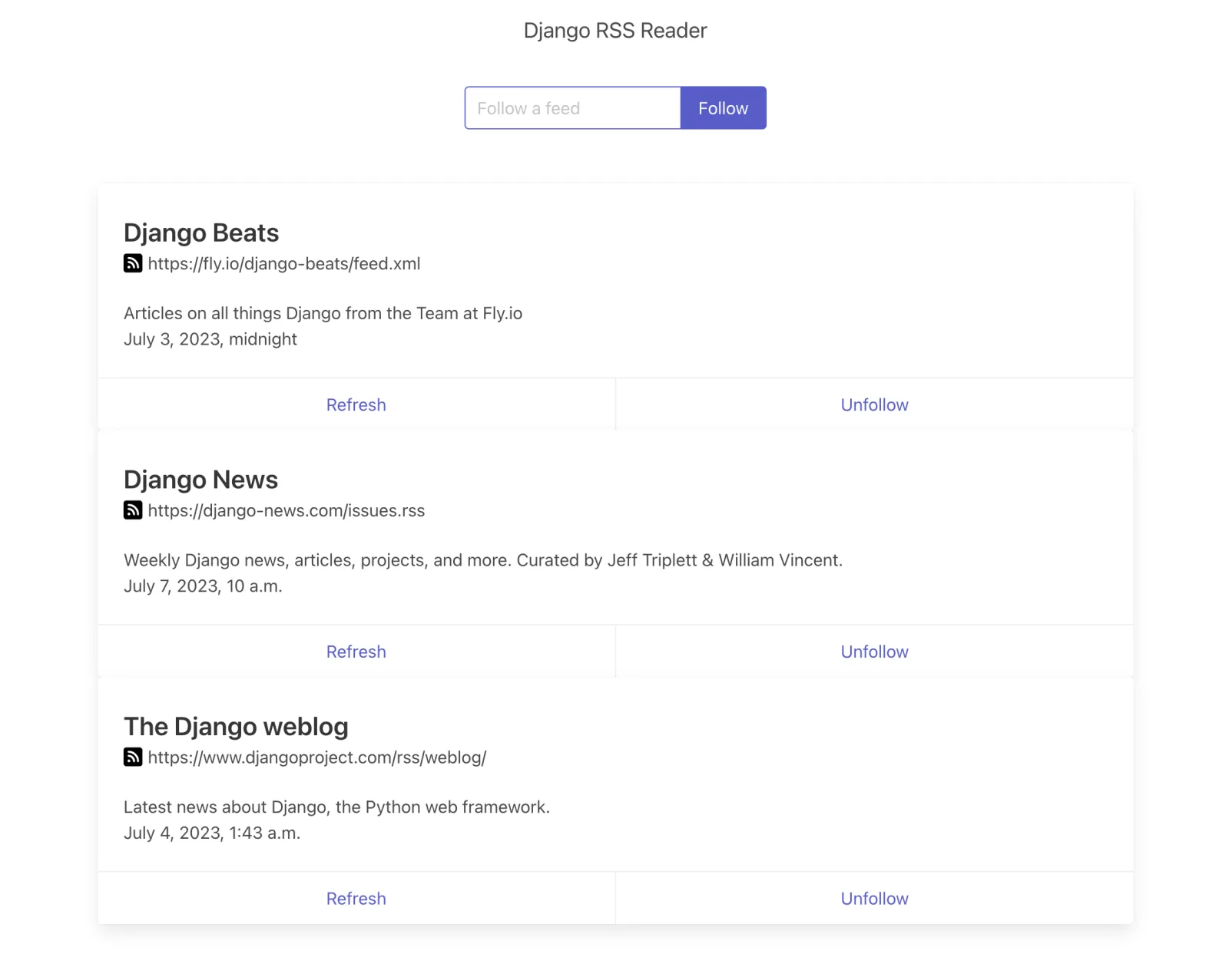 Django RSS Feed Reader: Home page