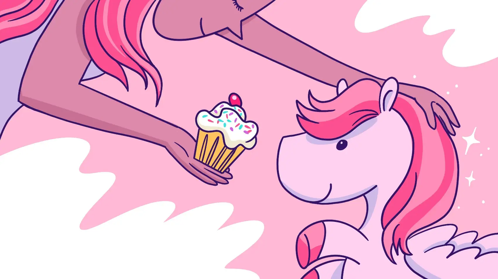 A girl feeding a cupcake to the Django pony in the clouds. The cupcake is topped with a cherry with light cream and sprinkles.