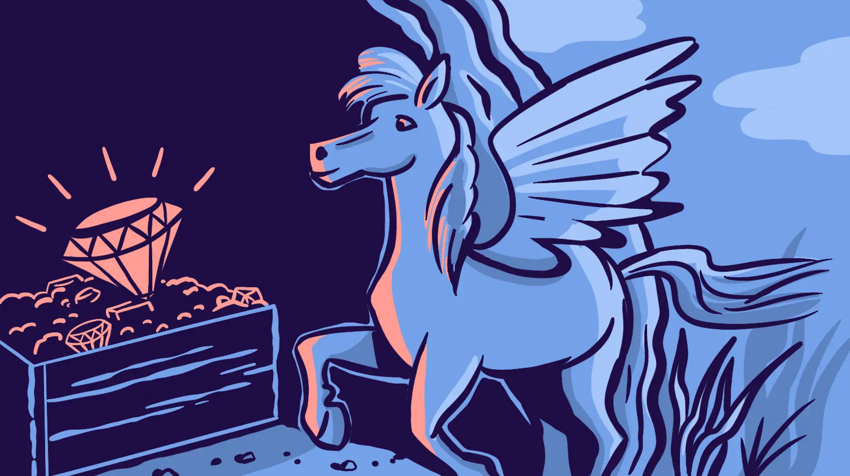 A pony on a light blue background facing a cave. Inside of cave, there is a wood box full of gemstones, with a bigger and shining diamond highlighted.