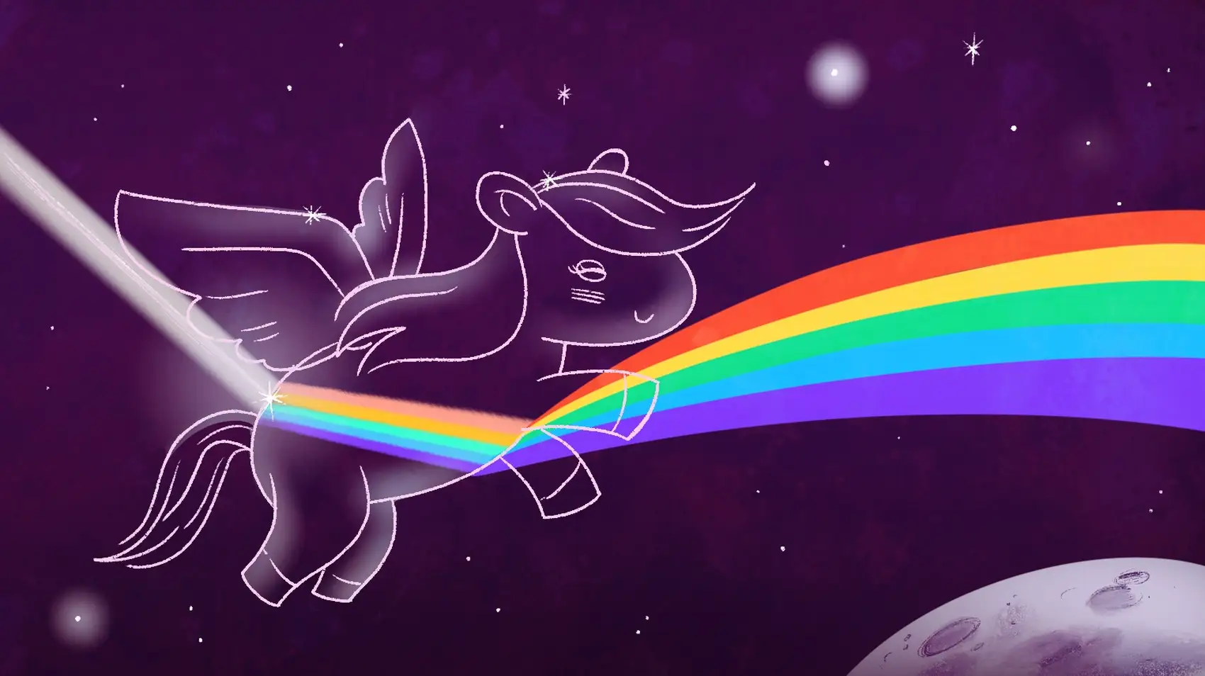 White ray of light refracted by a Django crystal pony into a rainbow. Pony is flying over the moon.