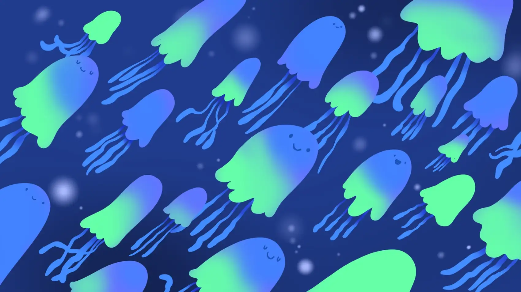 Multiple blue-green jellyfishes swimming up in a dark blue background.