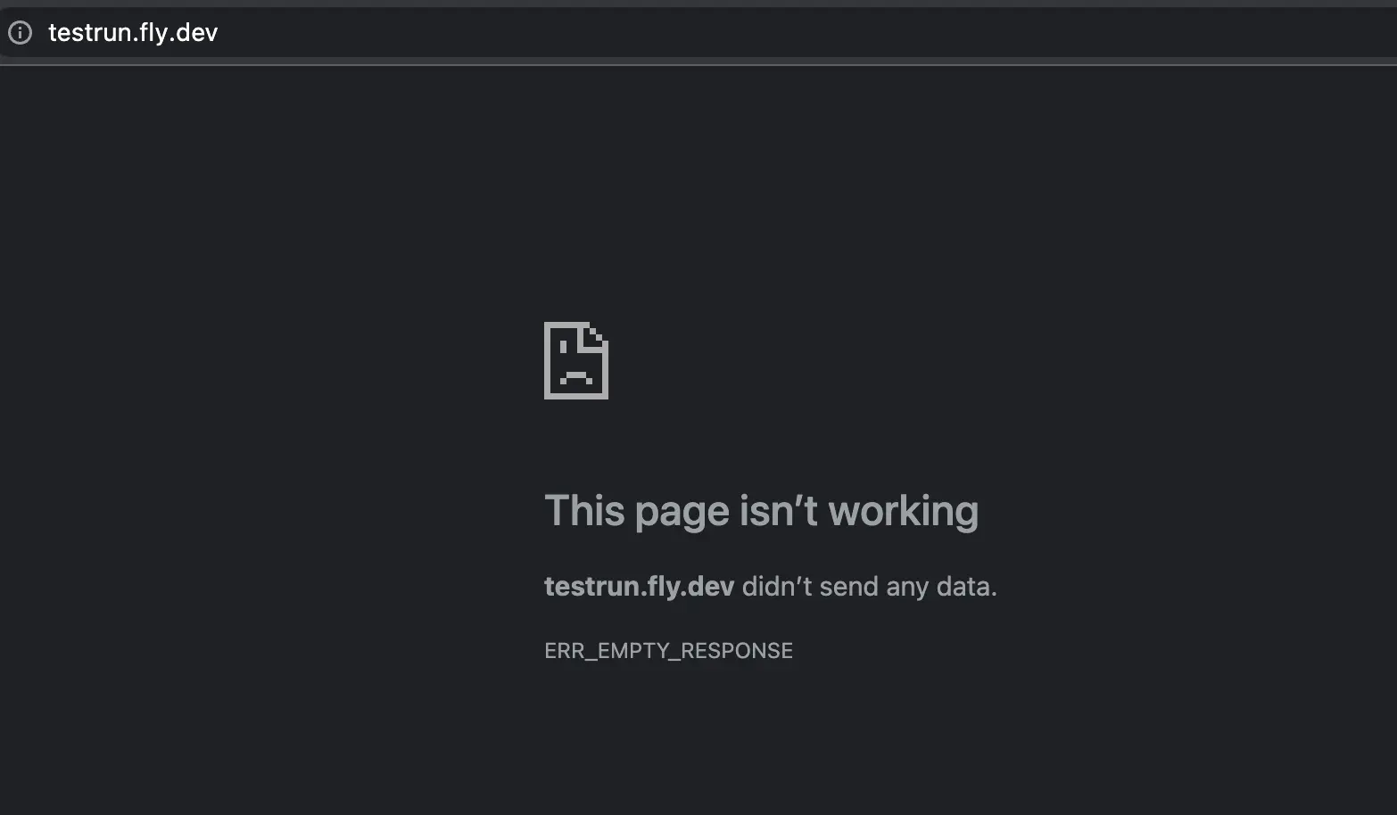 Browser screenshot saying 'This page isn't working; testrun.fly.dev didn't send any data. ERR_EMPTY_RESPONSE'