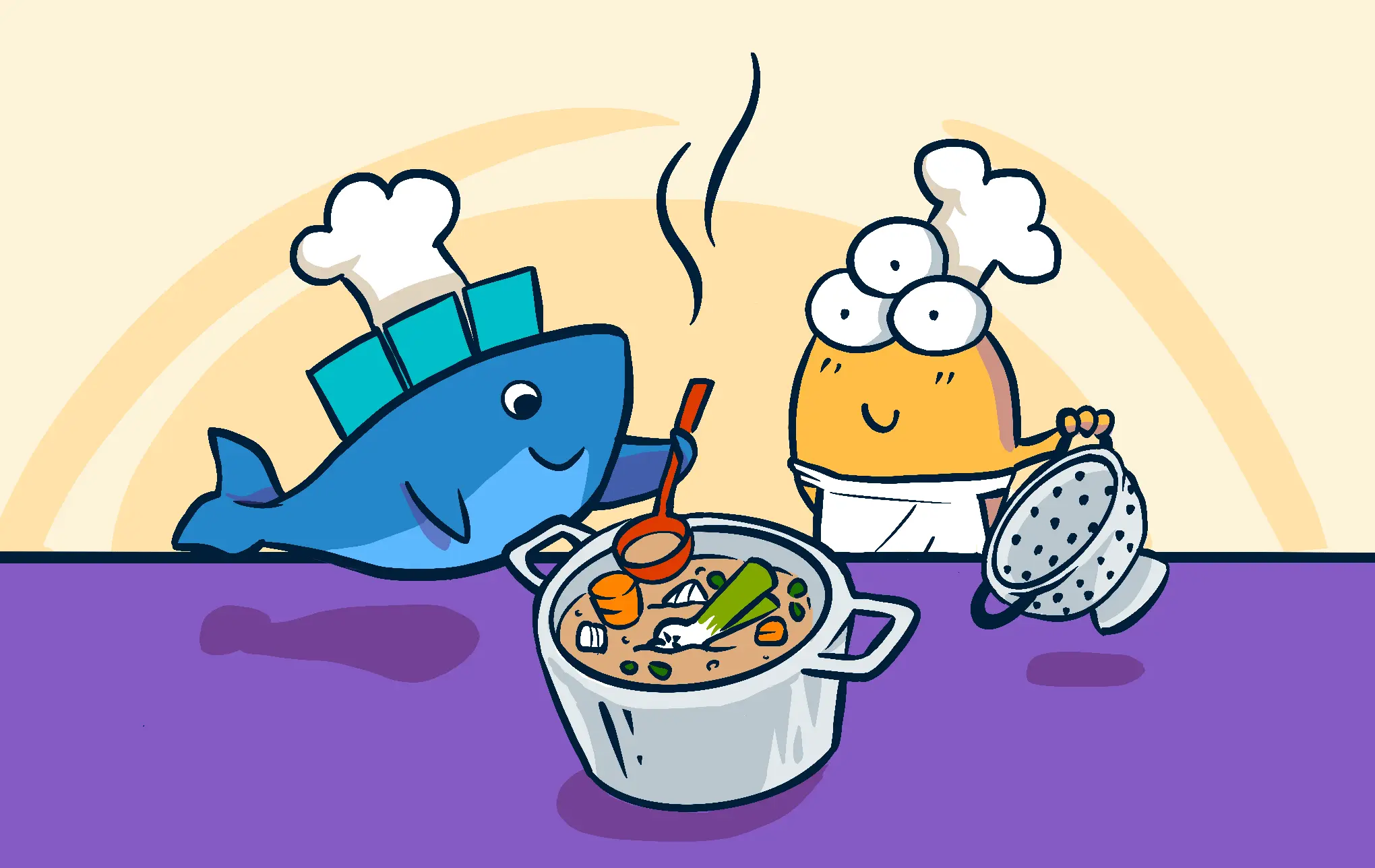 An illustration of the Docker whale and the JavaScript character making veggie stock together